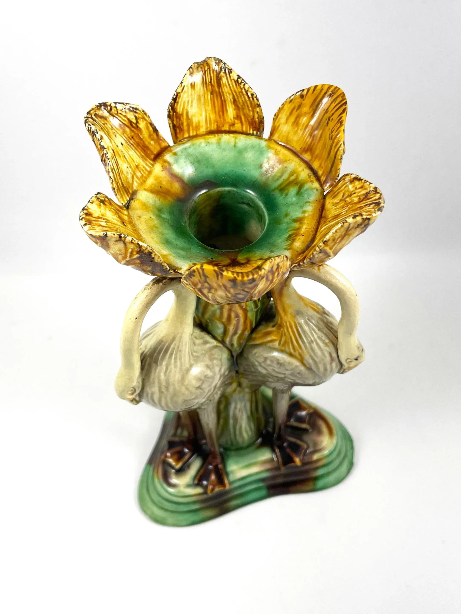 Antique Late 19th Century Portuguese Manuel Mafra Majolica Candlestick, Storks With Ochre Leaves & G - 2