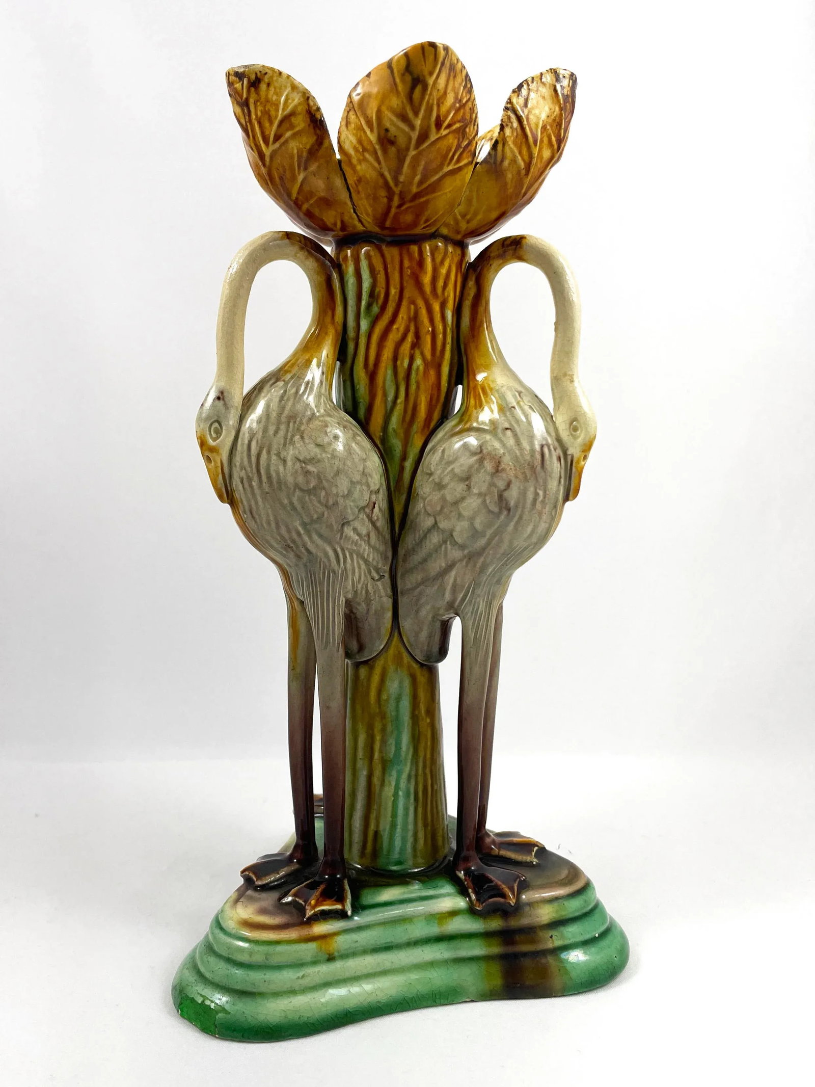 Antique Late 19th Century Portuguese Manuel Mafra Majolica Candlestick, Storks With Ochre Leaves & G - 3