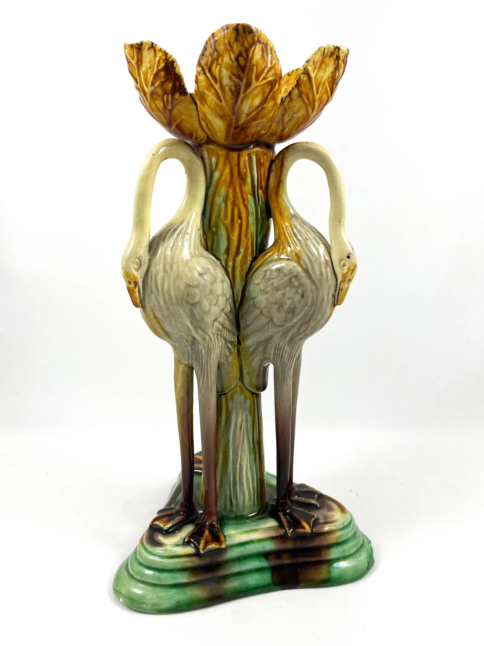 Antique Late 19th Century Portuguese Manuel Mafra Majolica Candlestick, Storks With Ochre Leaves & G - 4