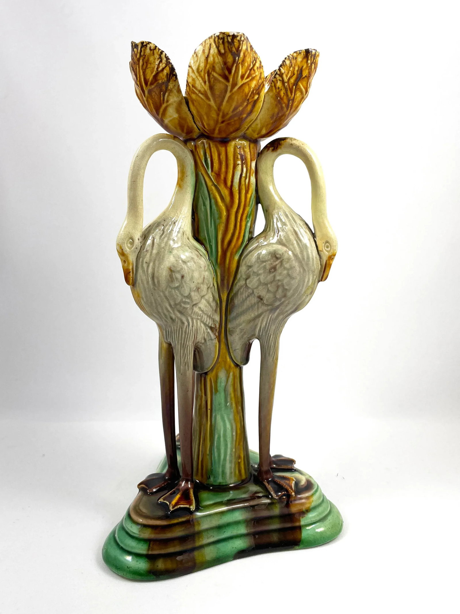 Antique Late 19th Century Portuguese Manuel Mafra Majolica Candlestick, Storks With Ochre Leaves & G - 5