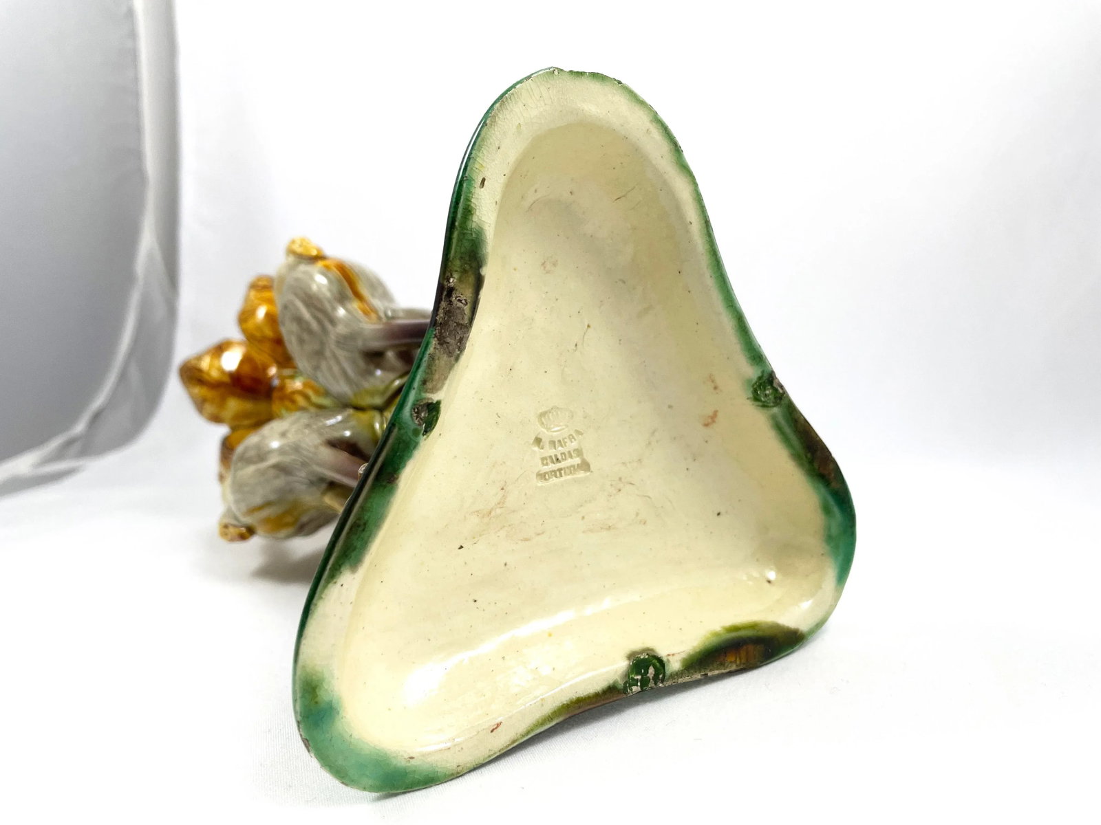 Antique Late 19th Century Portuguese Manuel Mafra Majolica Candlestick, Storks With Ochre Leaves & G - 6