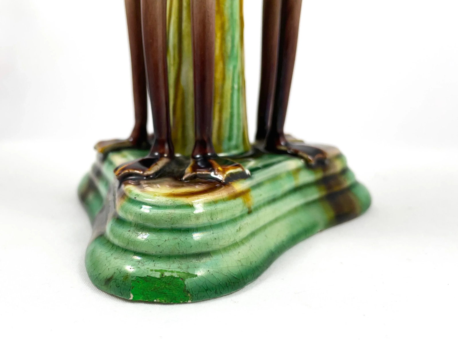 Antique Late 19th Century Portuguese Manuel Mafra Majolica Candlestick, Storks With Ochre Leaves & G - 7