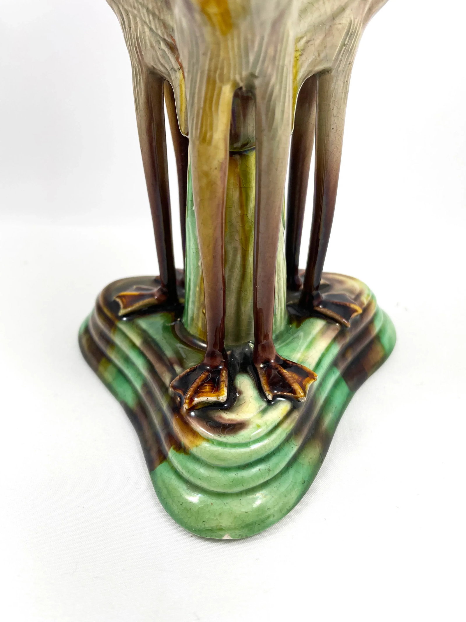 Antique Late 19th Century Portuguese Manuel Mafra Majolica Candlestick, Storks With Ochre Leaves & G - 8