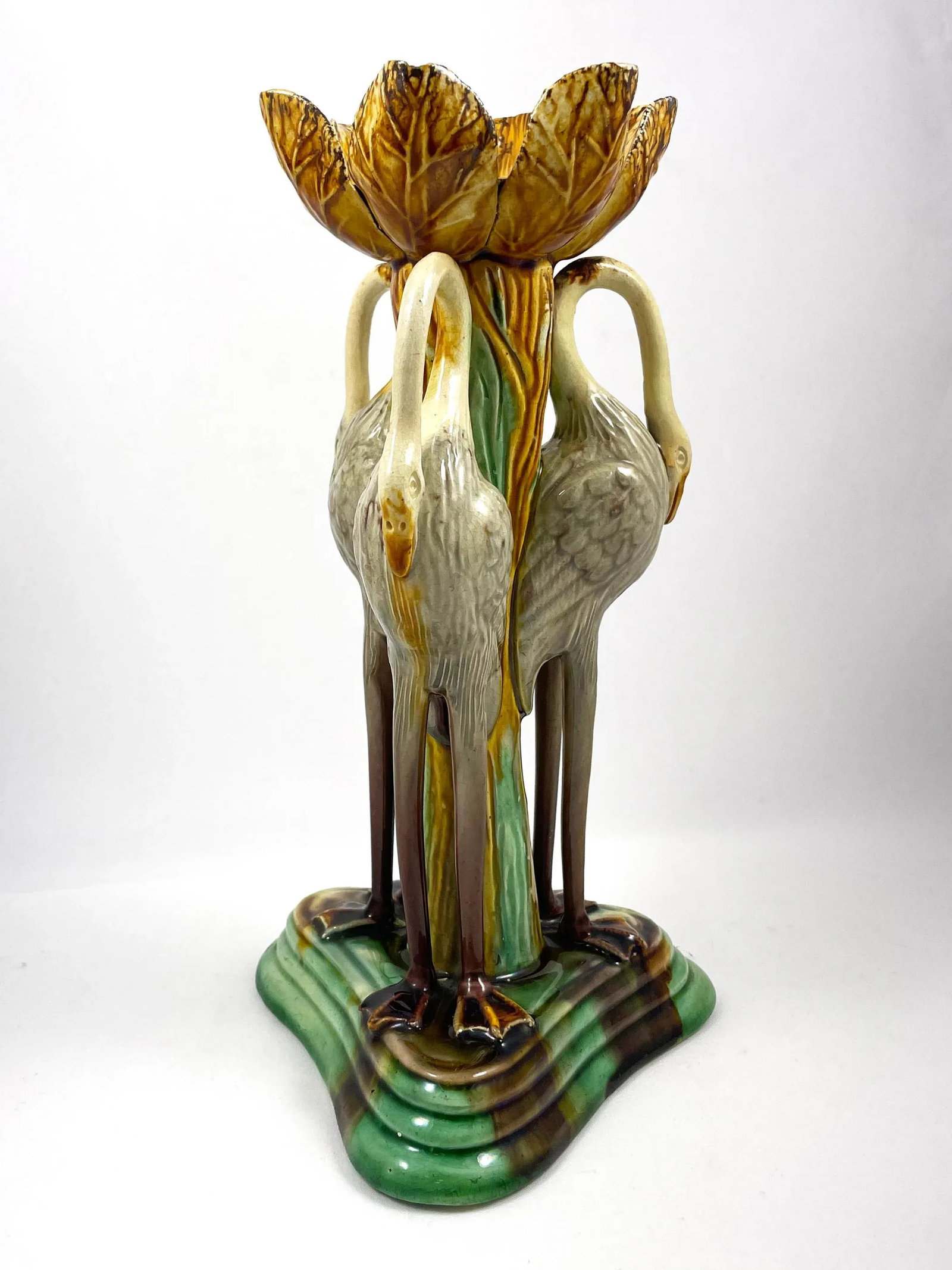 Antique Late 19th Century Portuguese Manuel Mafra Majolica Candlestick, Storks With Ochre Leaves & G - 9