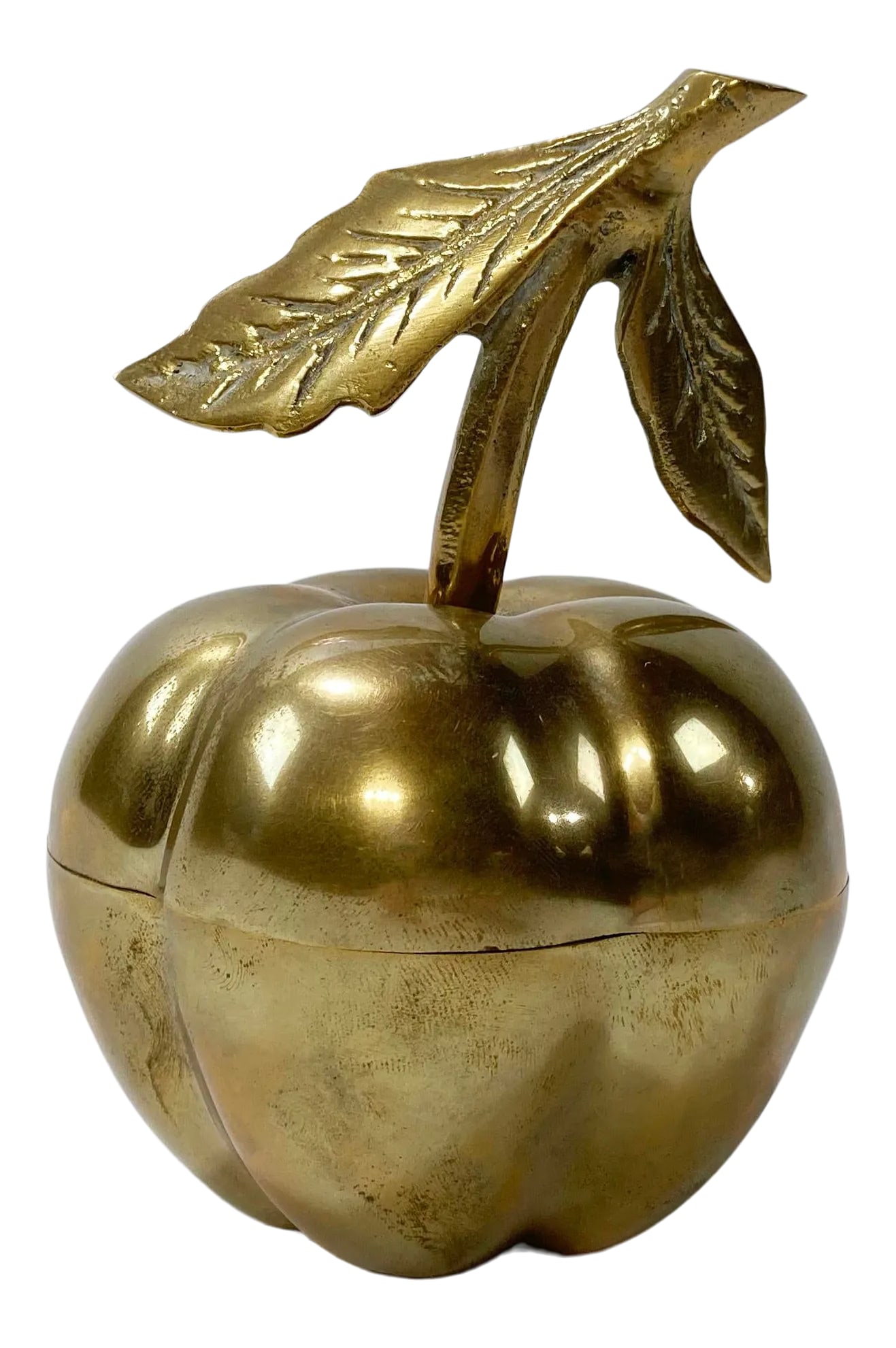 Vintage Lidded Brass Fruit Box: It's probably an apple, but it could be a few things so let's just call it a fruit. Solid brass with a unique shape and a great oversized stem. Gorgeous patina. Unscrews at center with a twist. This