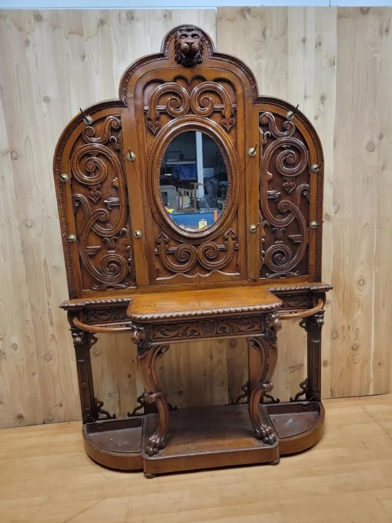 Antique Quarter Sawn Oak Carved Ornate Figural Hall Tree - 10