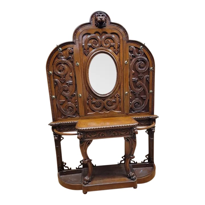 Antique Quarter Sawn Oak Carved Ornate Figural Hall Tree (1 of 10)