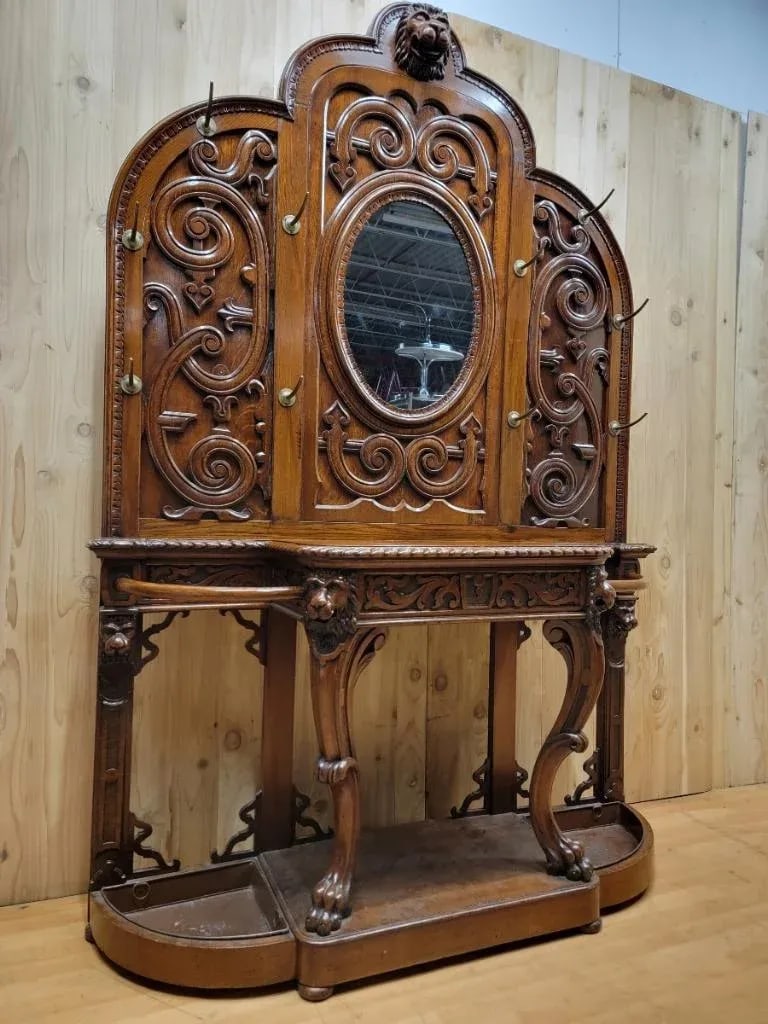 Antique Quarter Sawn Oak Carved Ornate Figural Hall Tree - 2