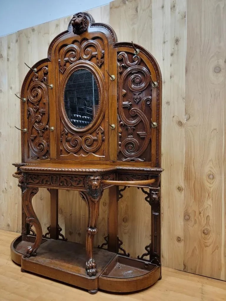 Antique Quarter Sawn Oak Carved Ornate Figural Hall Tree - 3