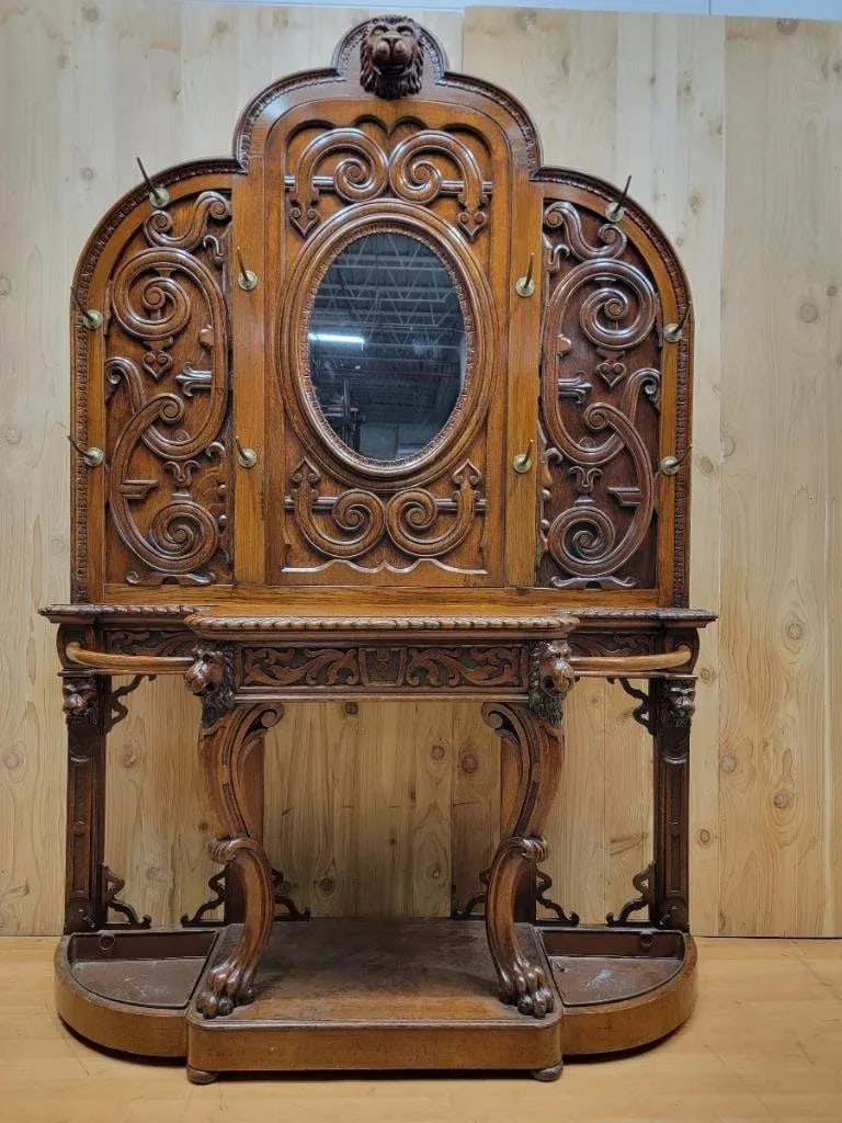 Antique Quarter Sawn Oak Carved Ornate Figural Hall Tree - 4