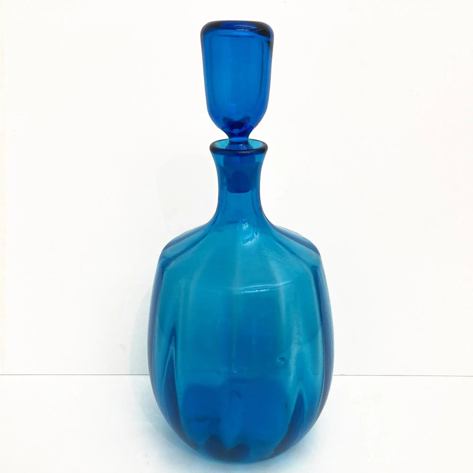 Vintage Blenko Glass, 1960s Blue Blenko Ribbed Decanter Design by John Nickerson - 2