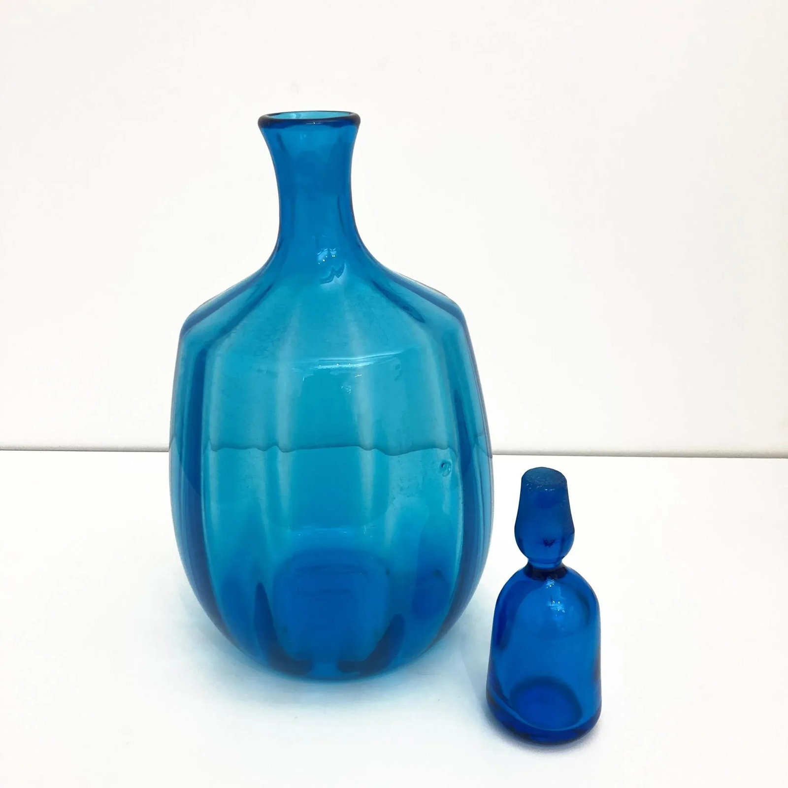 Vintage Blenko Glass, 1960s Blue Blenko Ribbed Decanter Design by John Nickerson - 3