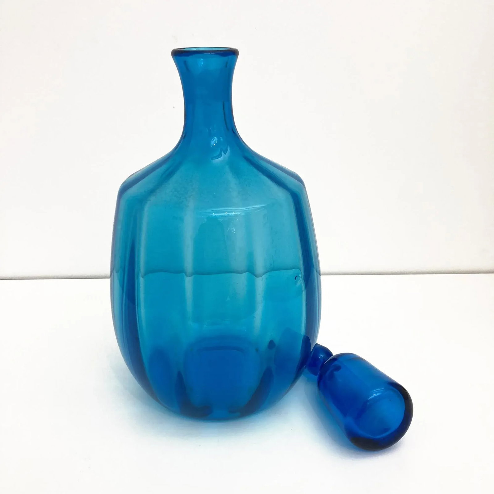 Vintage Blenko Glass, 1960s Blue Blenko Ribbed Decanter Design by John Nickerson - 4