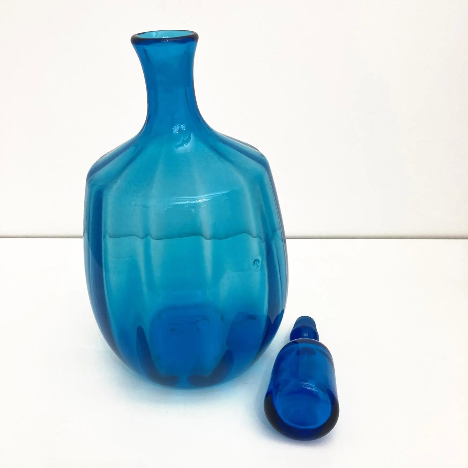 Vintage Blenko Glass, 1960s Blue Blenko Ribbed Decanter Design by John Nickerson - 5