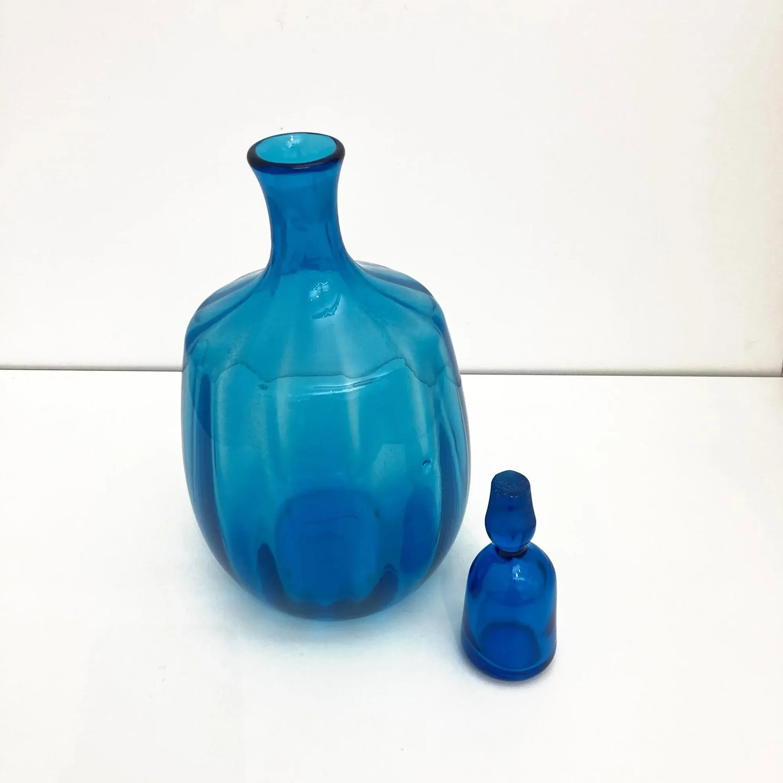 Vintage Blenko Glass, 1960s Blue Blenko Ribbed Decanter Design by John Nickerson - 7