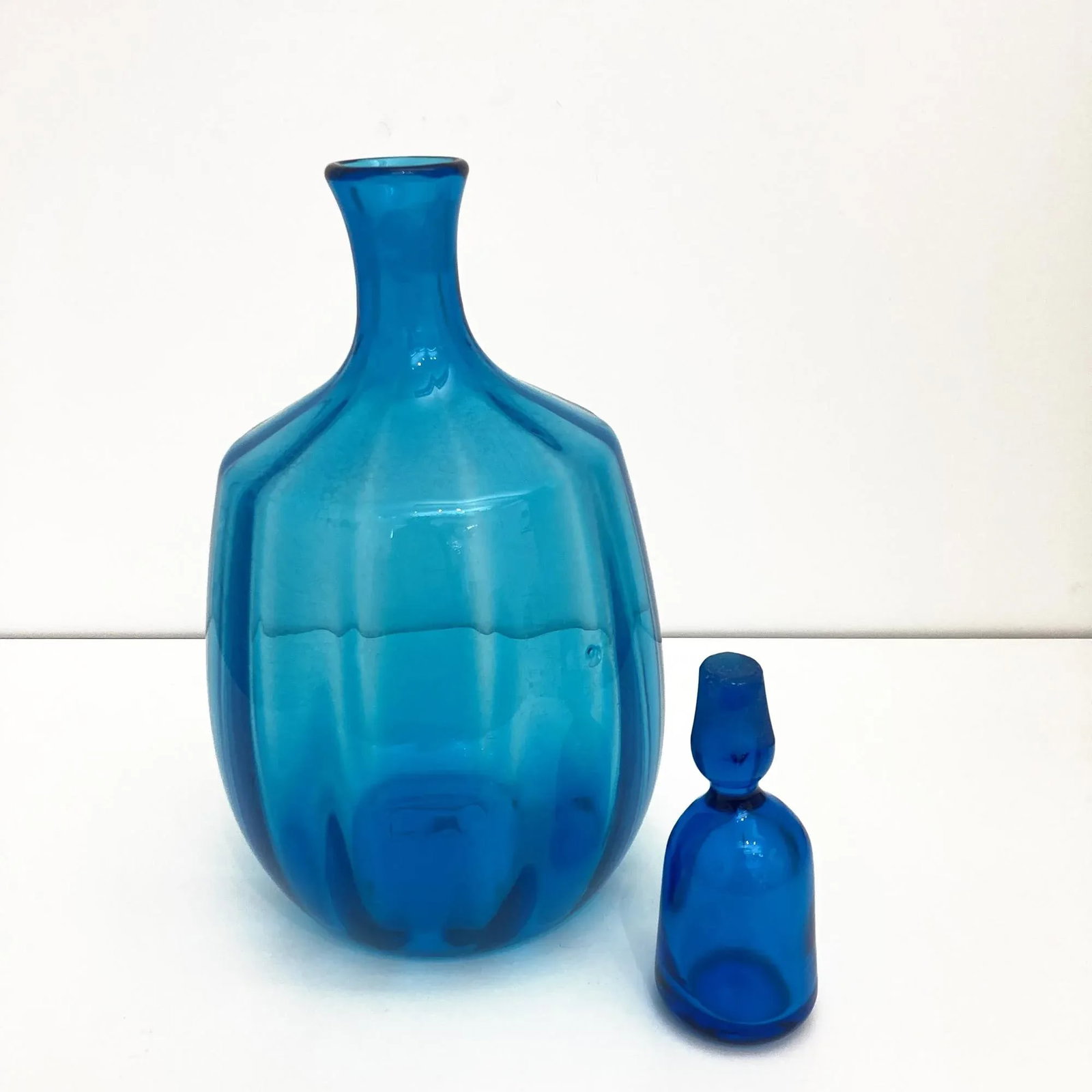 Vintage Blenko Glass, 1960s Blue Blenko Ribbed Decanter Design by John Nickerson - 8