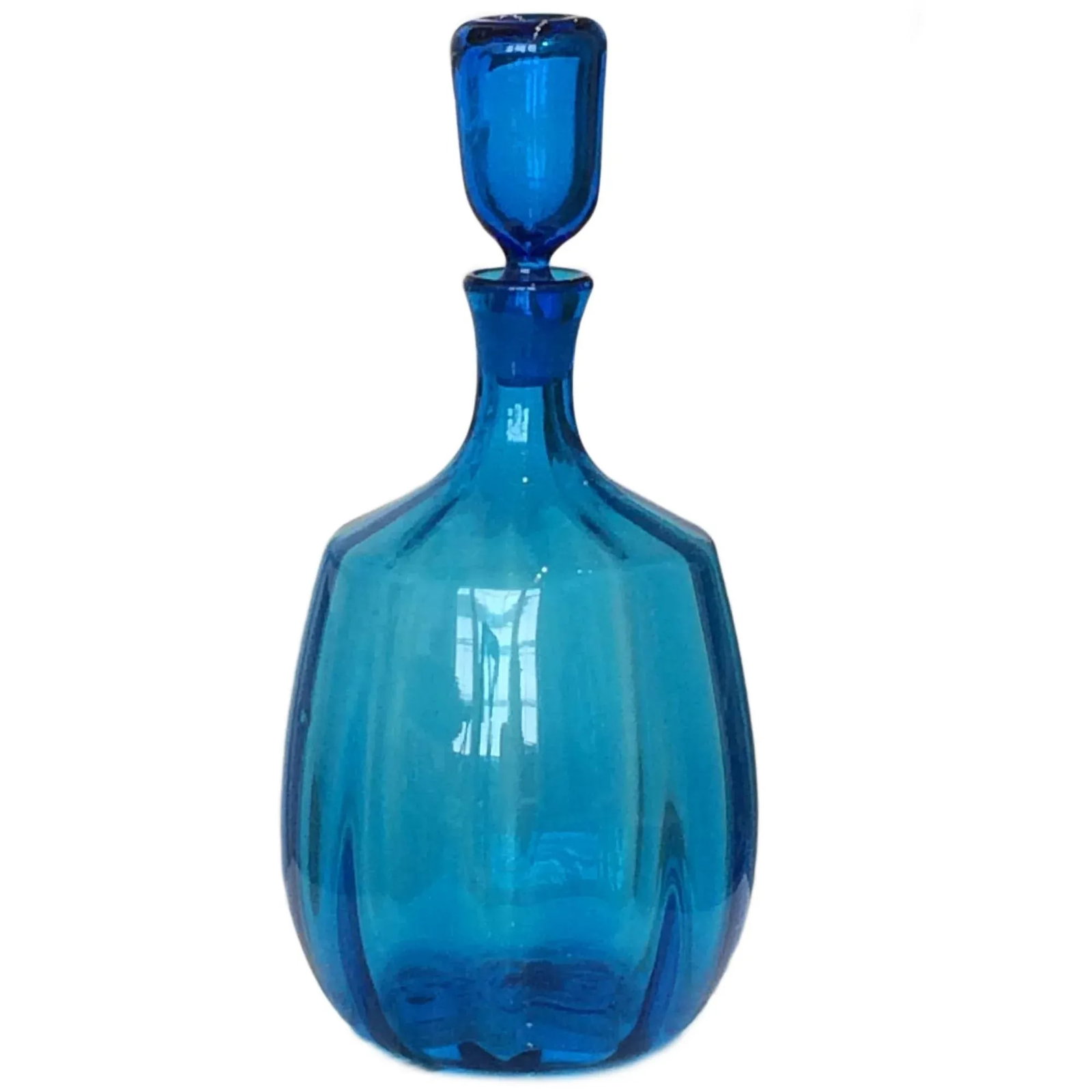 Vintage Blenko Glass, 1960s Blue Blenko Ribbed Decanter Design by John Nickerson - 9