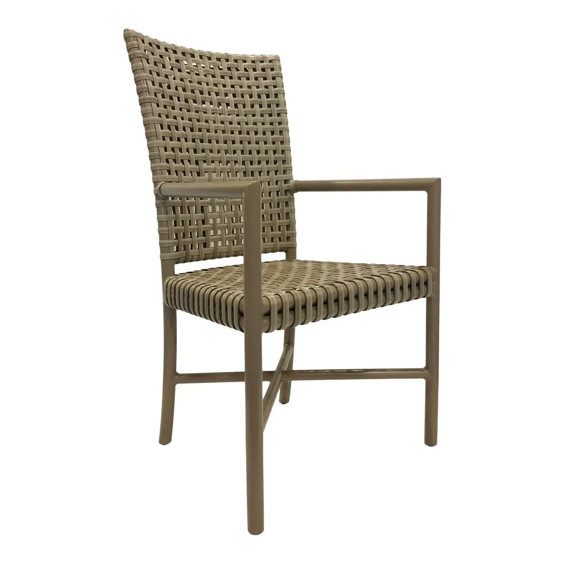Baker McGuire Gray Woven Resin Outdoor Tall Back Dining Chair: Original Retail $1947, stylish organic modern Baker / McGuire Gray Woven Resin Outdoor Tall Back Dining Chair, powder coated gray aluminum, showroom floor sample Condition: Imperfections: Some