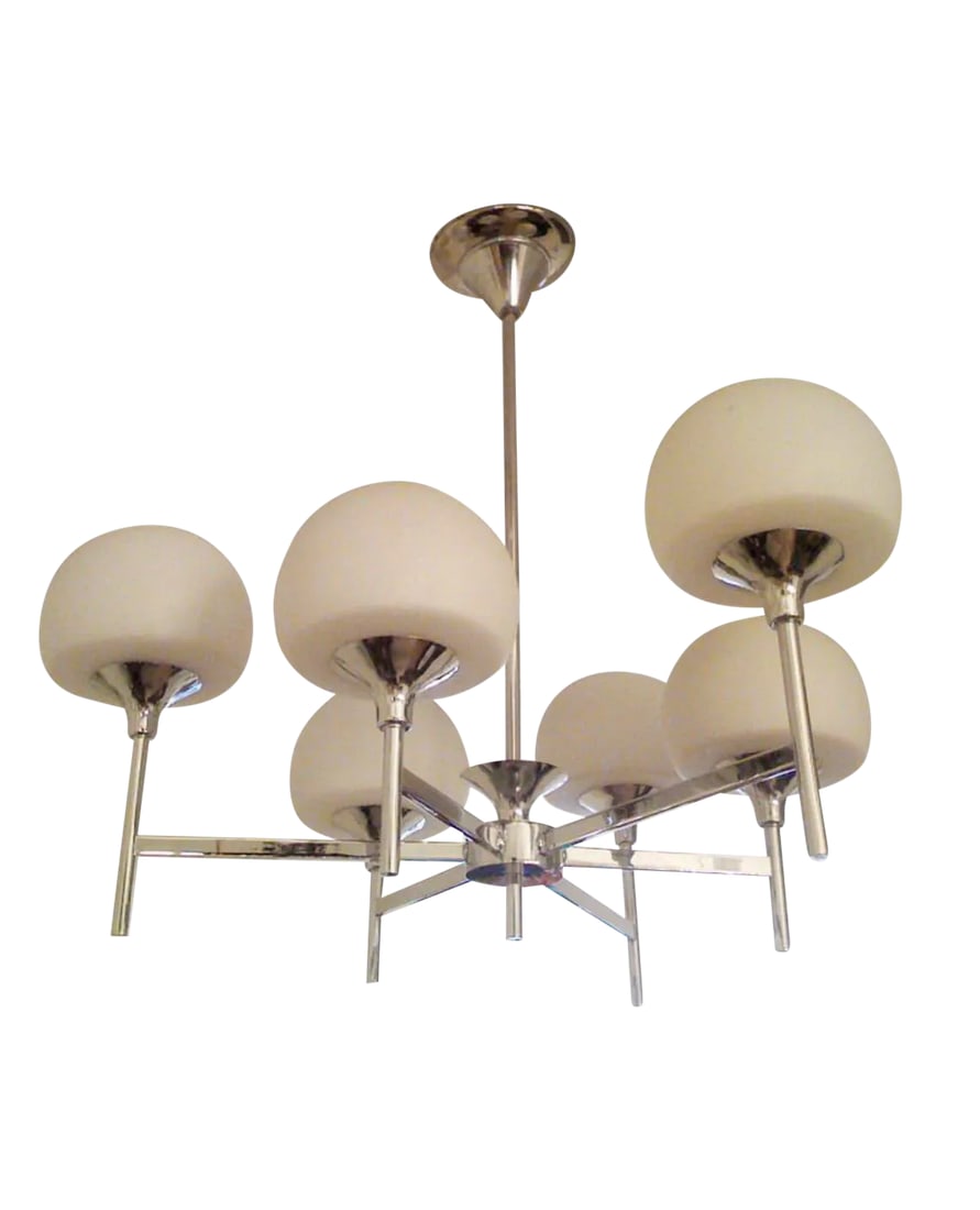 White & Chrome Reggiani Italian Chandelier: A 1960s six light polished chrome and white opaline glass shade chandelier by the famed Italian lighting maker, Reggiani .Newly Rewired . Condition: Condition Notes: Excellent - Minor wear consistent