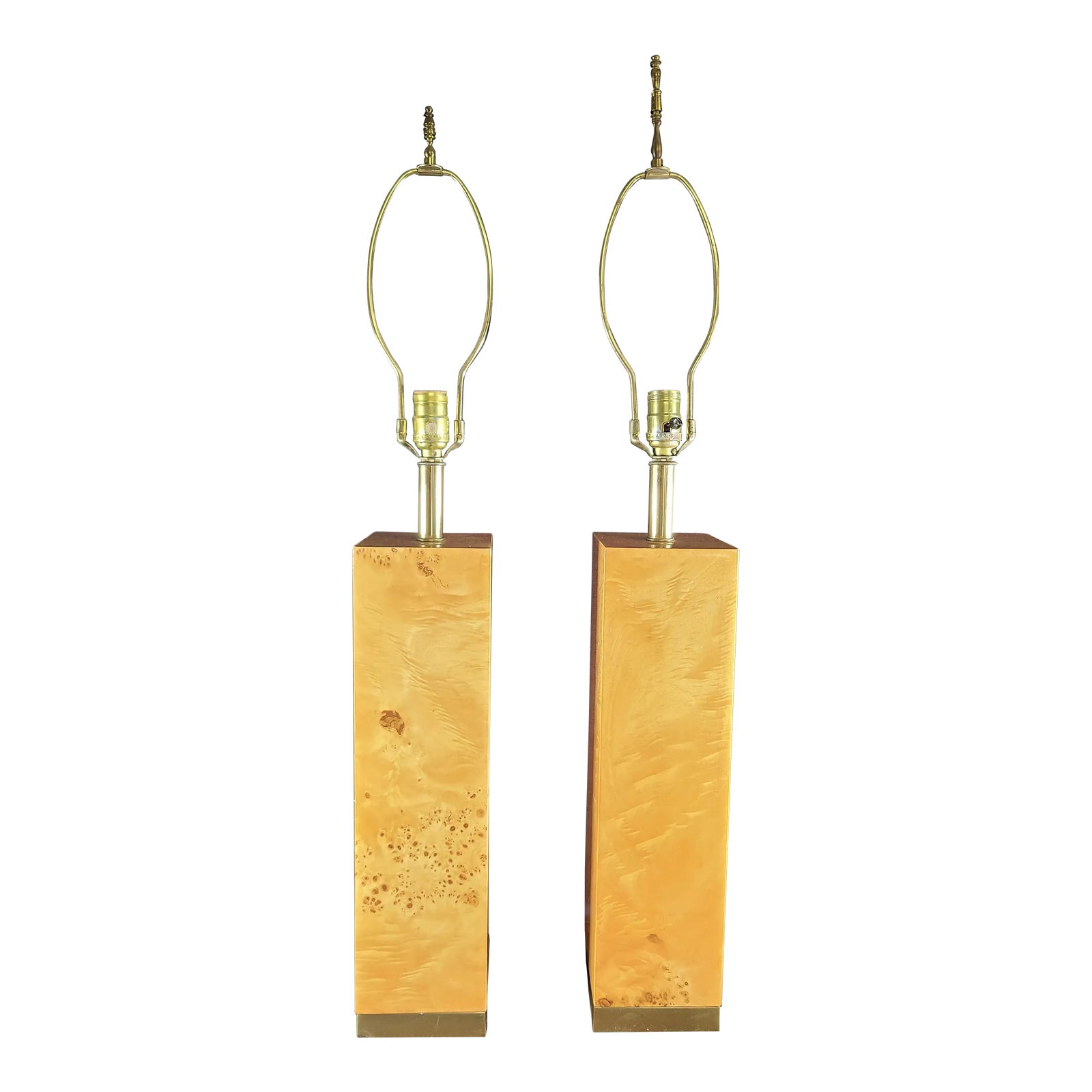 1960s Tall Rectangular Natural Burl Wood Veneer Lamps, Pair: A stunning natural burl wood body is the highlight of this stunning pair of lamps, each possessing a wonderful richness of color that photos can't do justice! Paired with a classy brass base and