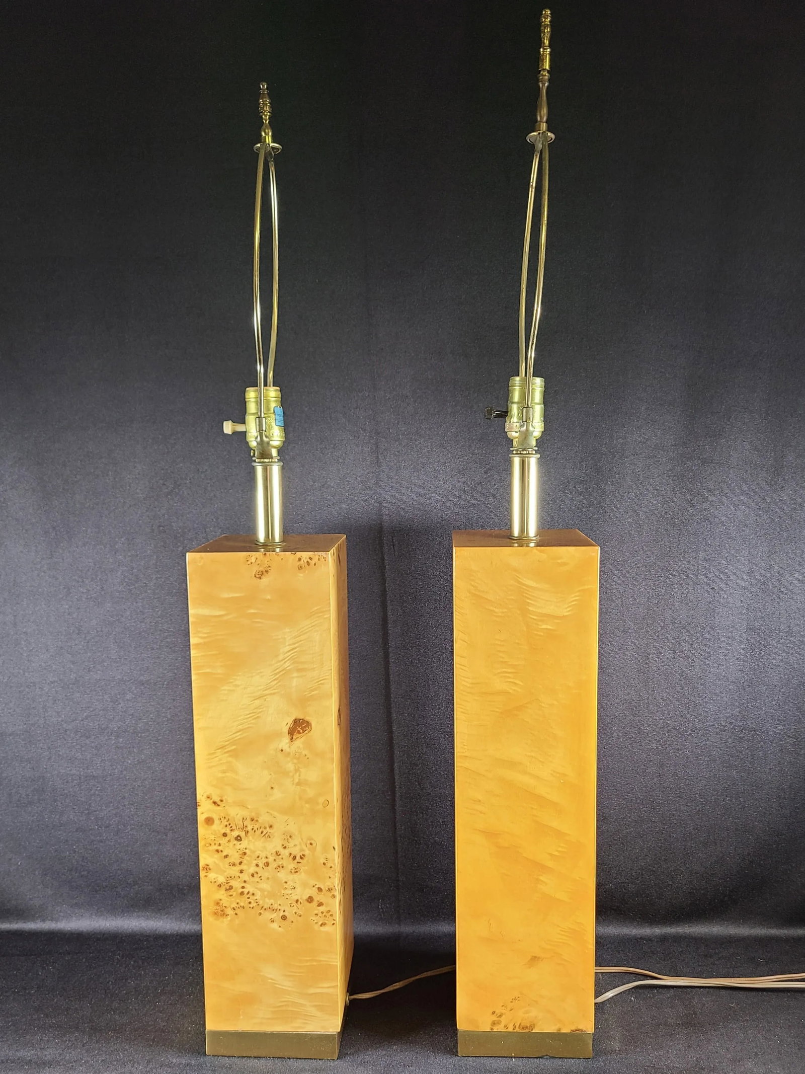 1960s Tall Rectangular Natural Burl Wood Veneer Lamps, Pair - 2