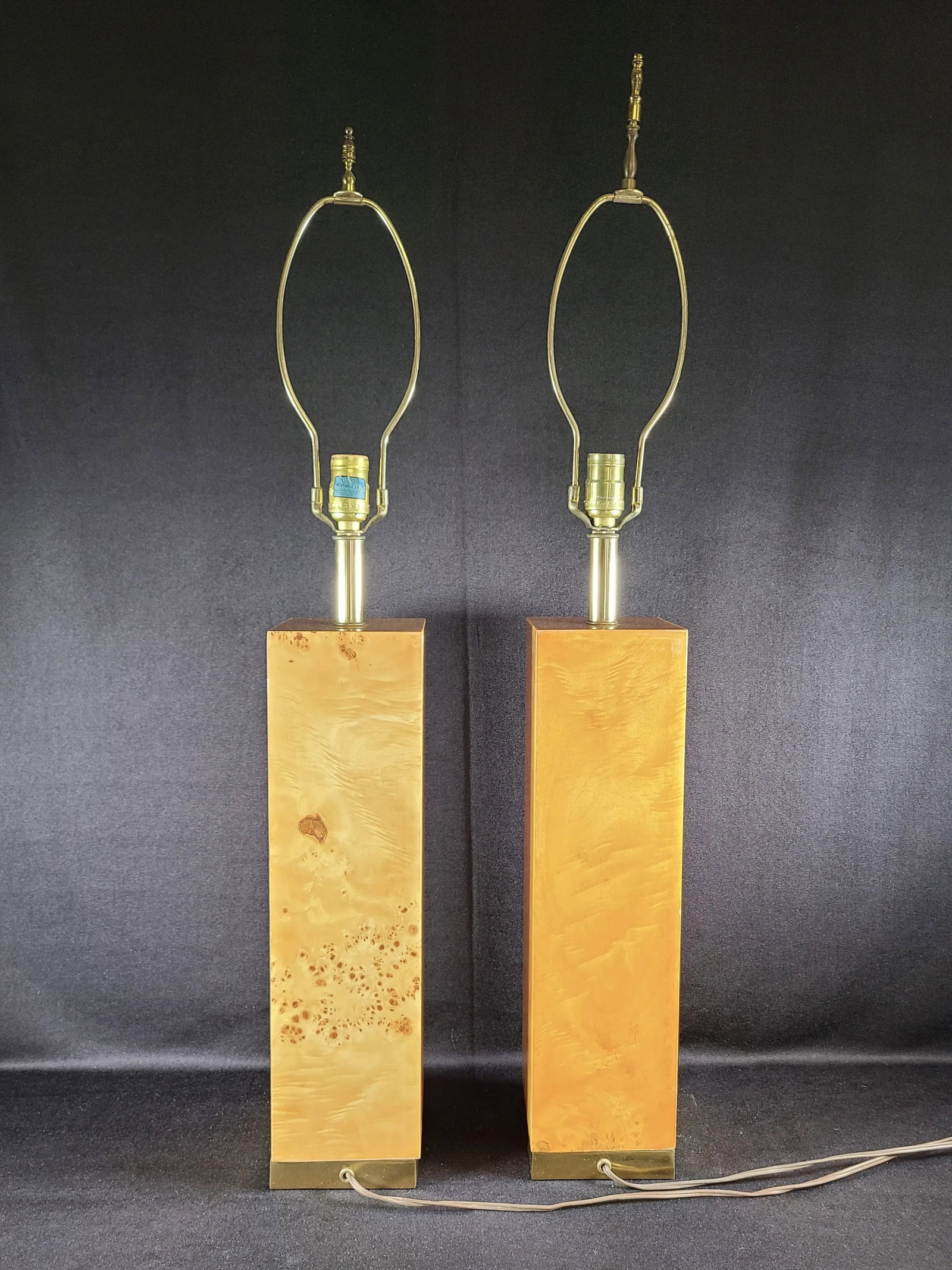 1960s Tall Rectangular Natural Burl Wood Veneer Lamps, Pair - 3