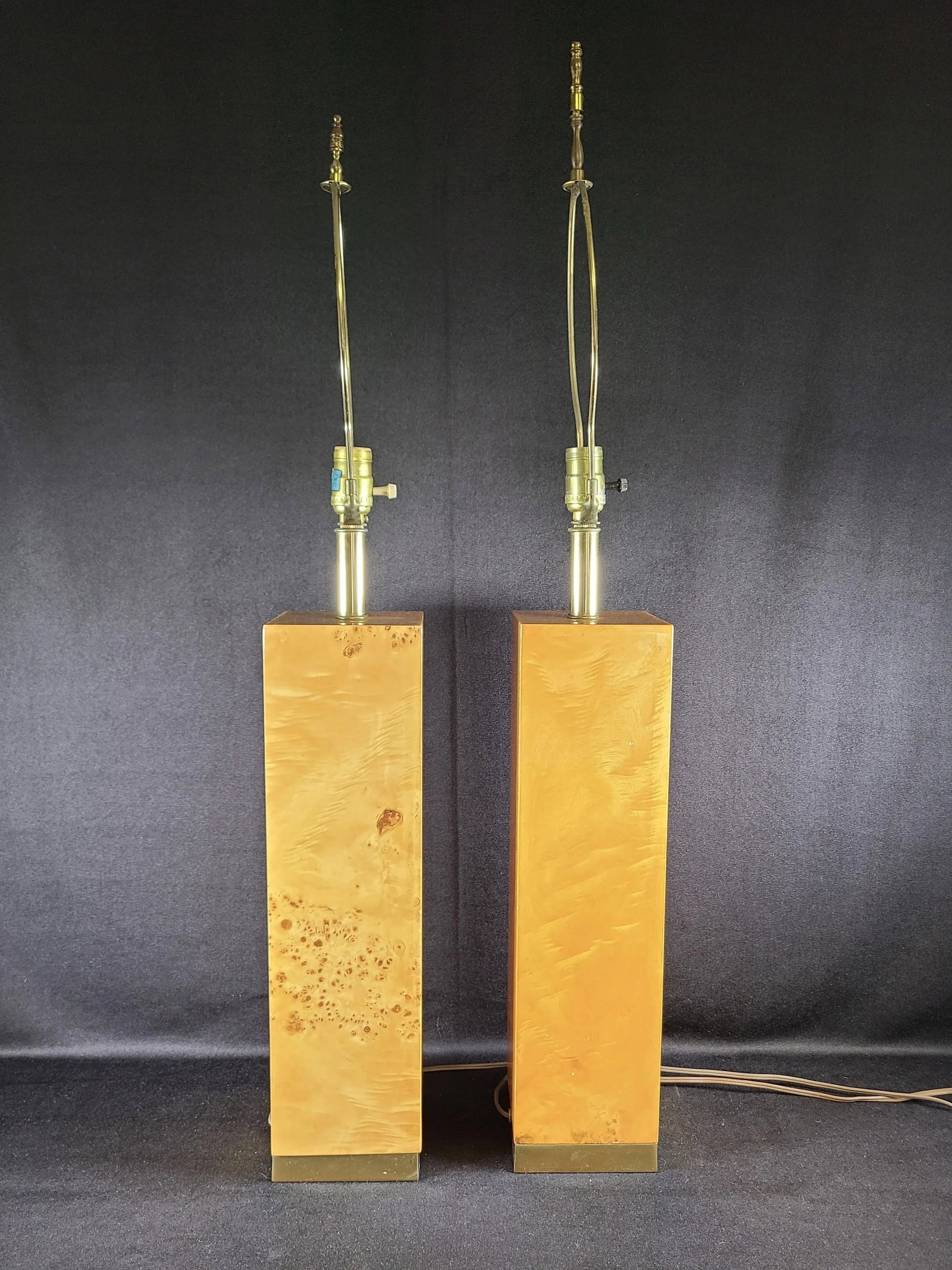 1960s Tall Rectangular Natural Burl Wood Veneer Lamps, Pair - 4