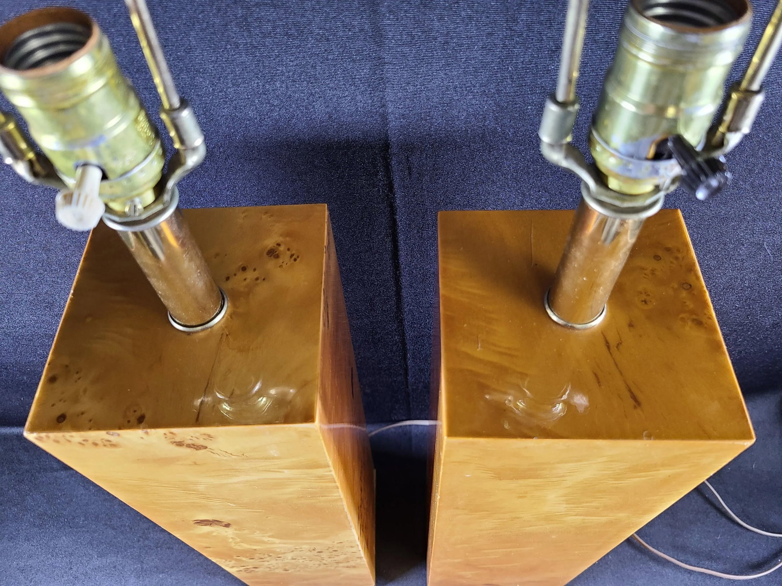 1960s Tall Rectangular Natural Burl Wood Veneer Lamps, Pair - 9