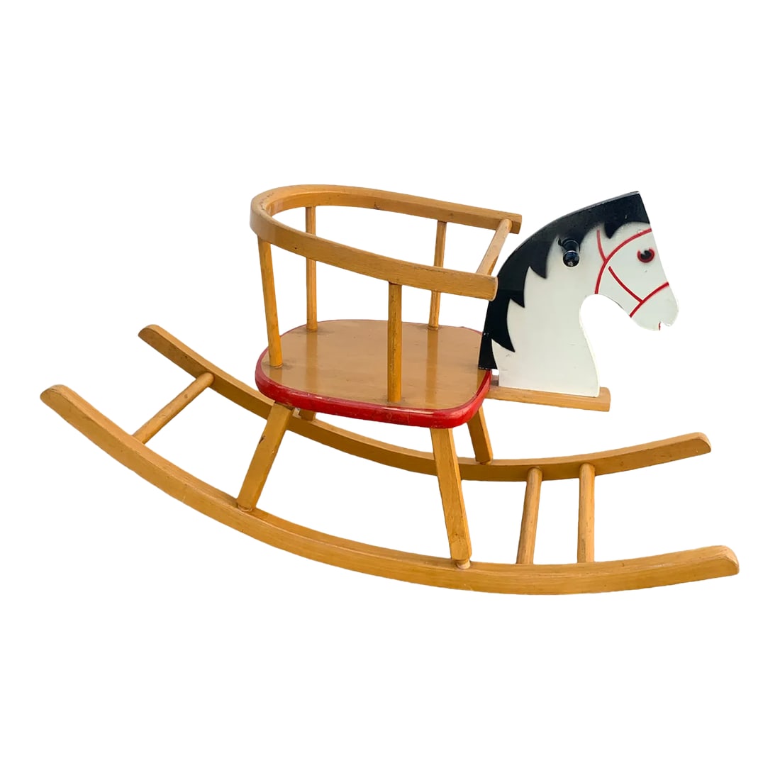 1950s Wood Rocking Horse: Kids child's rocking horse from the 1950s. Authentic antique vintage. Wood. Measures approximately 34.5" long x 17" tall x 13.75" wide Tags white red black wood baby's room girl boy pony rocking