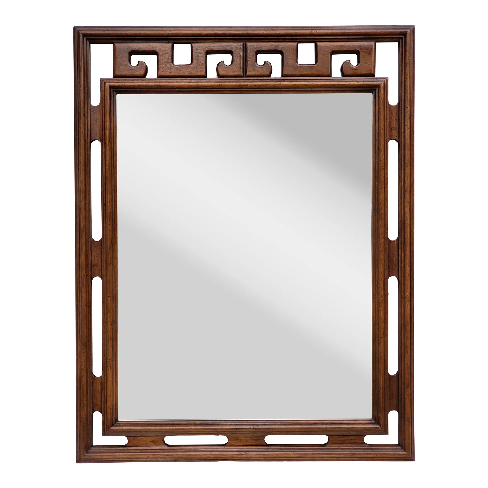 1960s Century Furniture Solid Wood Asian Wall Mirror: Very good vintage condition beveled edge Asian wall mirror by Century furniture. This came from a Century Furniture bedroom set from approximately the 1960s. Quite large, standing at almost 50 inches