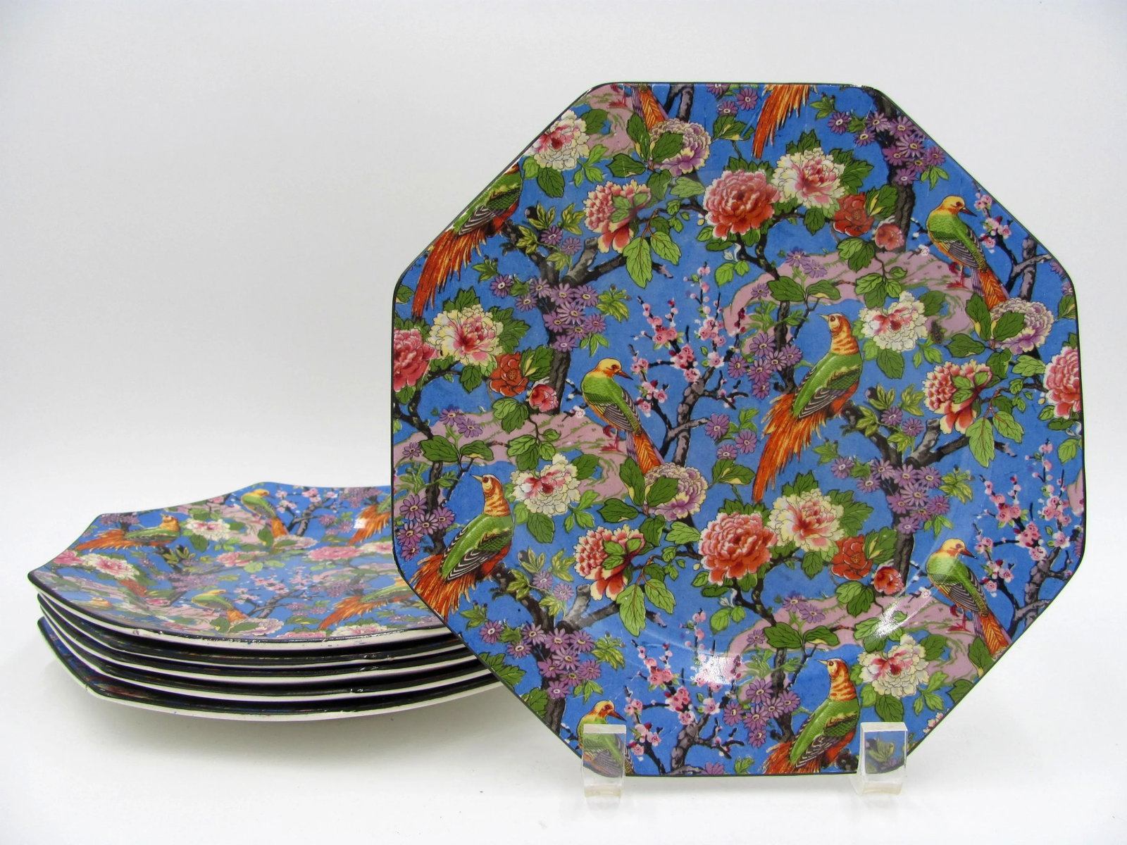 1920s Crown Ducal Blue Chintz Exotic Birds Luncheon Plates - Set of 6 - 13