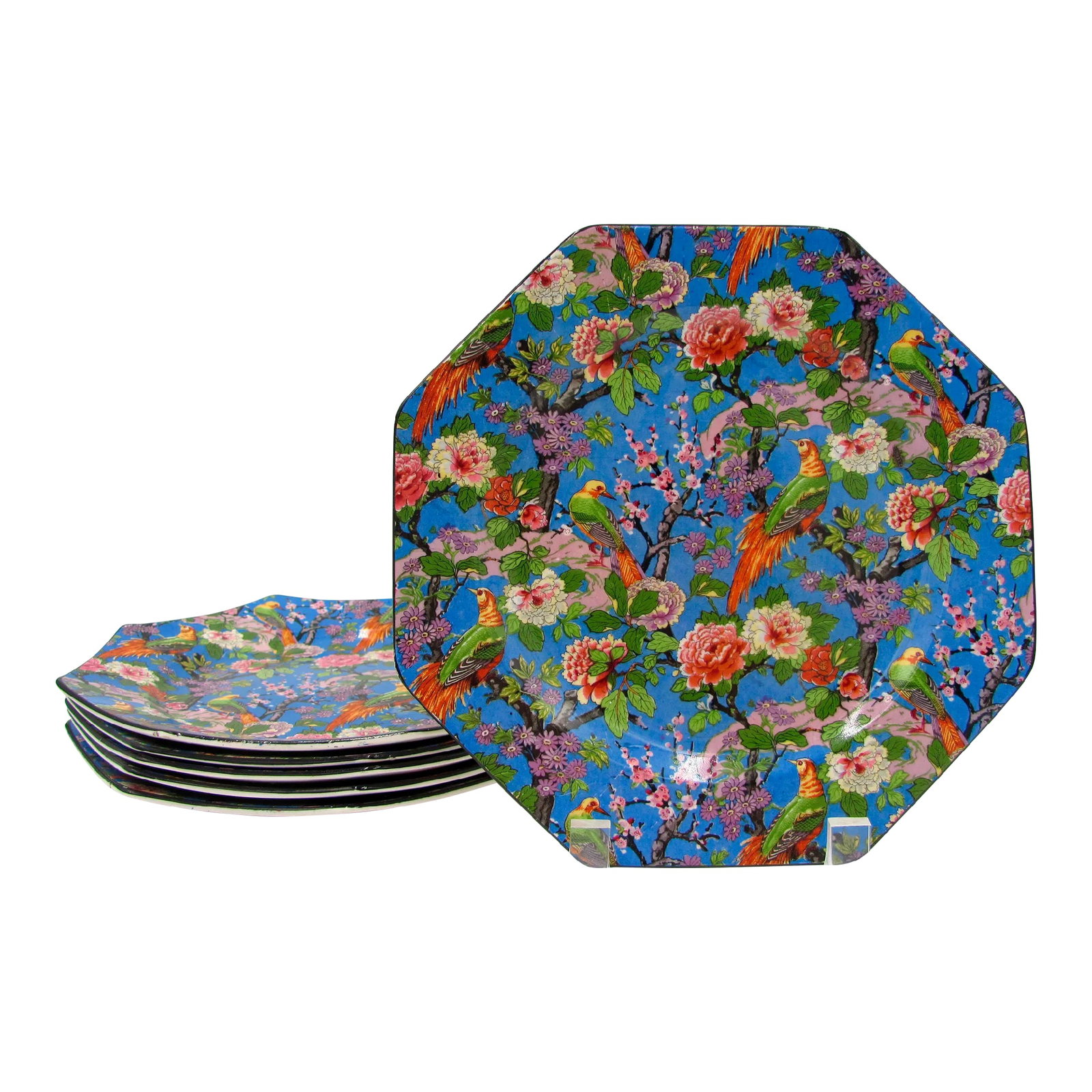 1920s Crown Ducal Blue Chintz Exotic Birds Luncheon Plates - Set of 6: An exquisite and captivating antique set of six octagonal luncheon plates in a hard to find pattern and size One 1/4" graze chip on the underside of one plate's rim No other chips No cracks Two