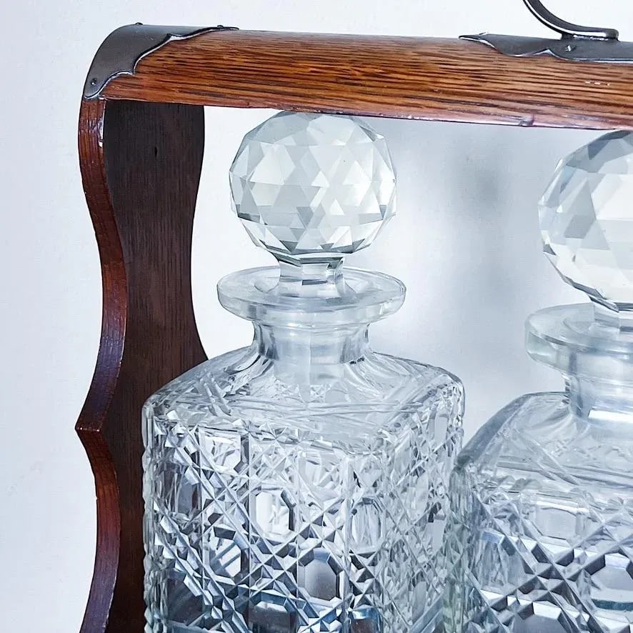 Antique Oak & Brass Tantalus With Set of 3 Whiskey or Liqueur Crystal Decanters With Key - 3