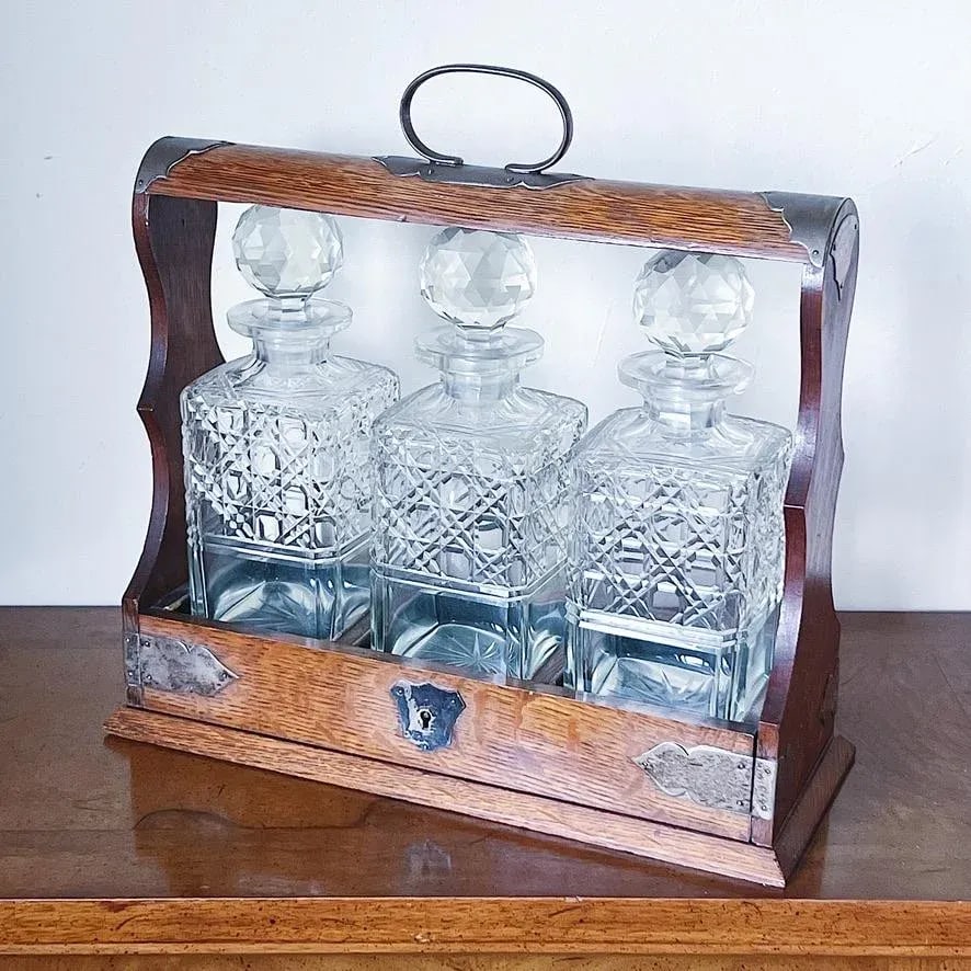 Antique Oak & Brass Tantalus With Set of 3 Whiskey or Liqueur Crystal Decanters With Key - 4