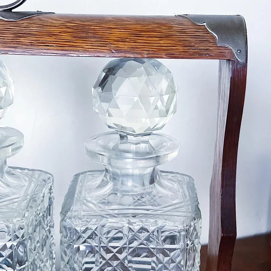 Antique Oak & Brass Tantalus With Set of 3 Whiskey or Liqueur Crystal Decanters With Key - 5