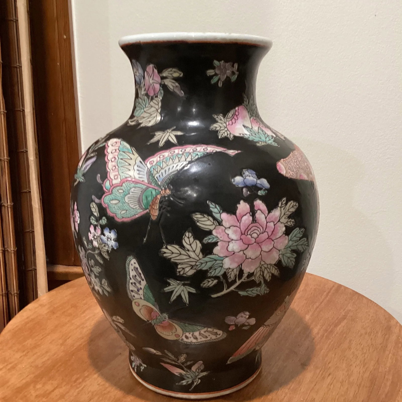 Vintage Chinese Cloisonne Black Vase Jar Lamp Decorative Floral and Butterfly - 2