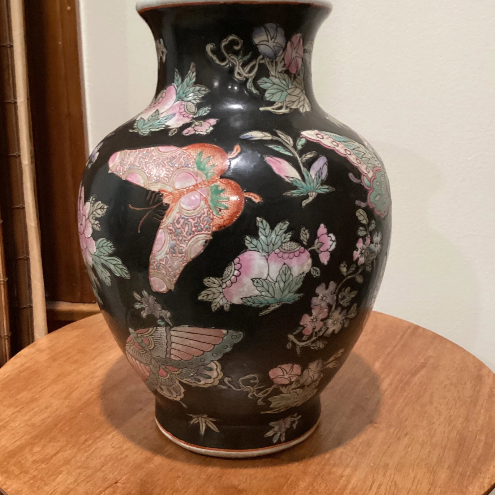Vintage Chinese Cloisonne Black Vase Jar Lamp Decorative Floral and Butterfly - 3