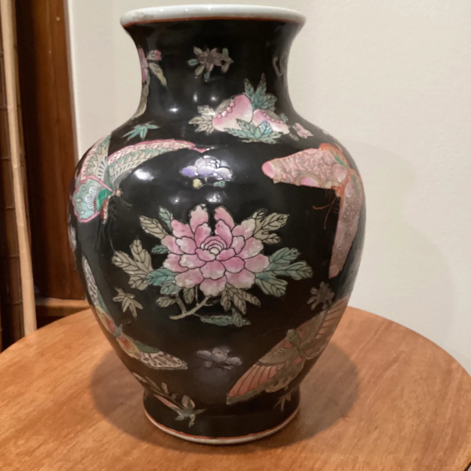 Vintage Chinese Cloisonne Black Vase Jar Lamp Decorative Floral and Butterfly - 4