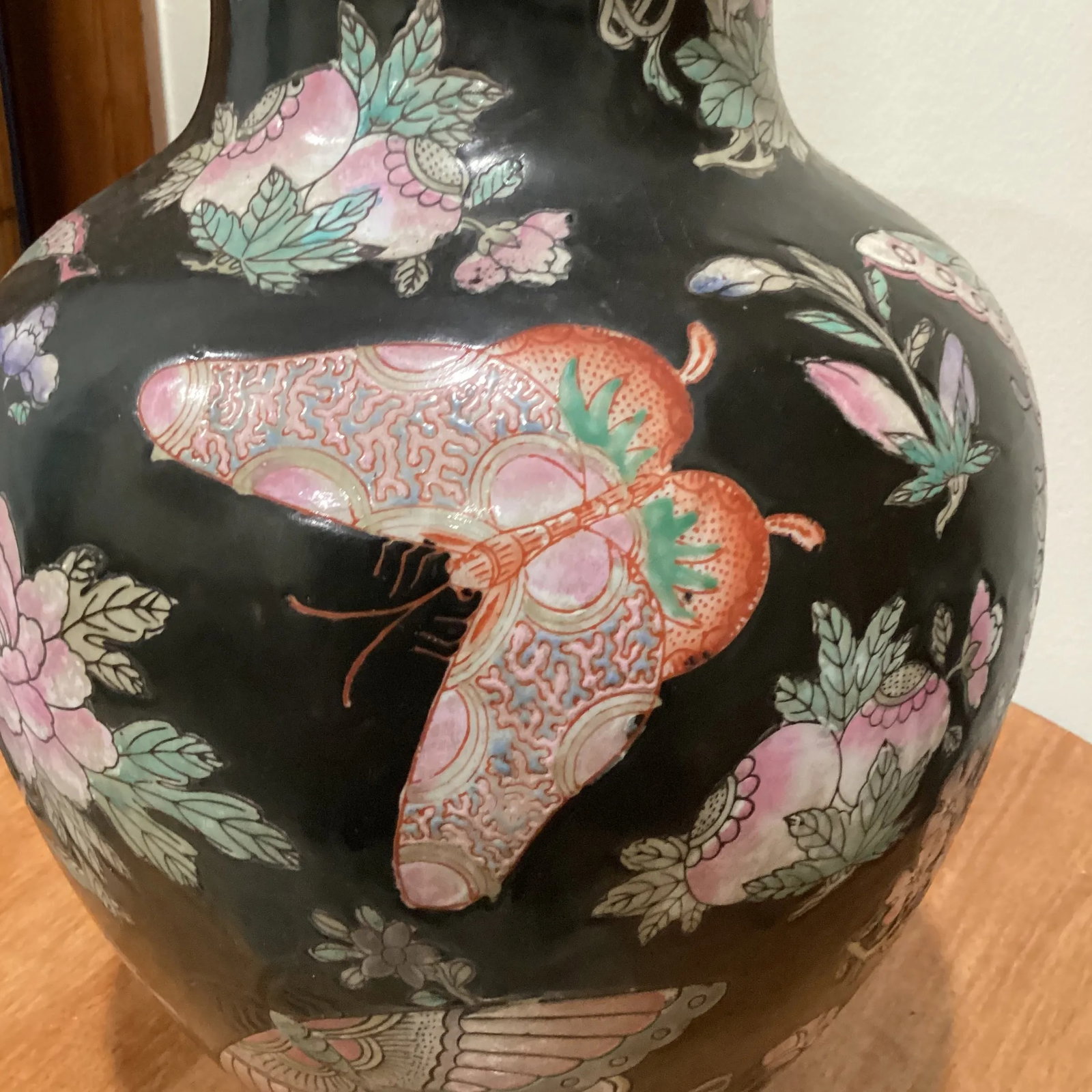 Vintage Chinese Cloisonne Black Vase Jar Lamp Decorative Floral and Butterfly - 5