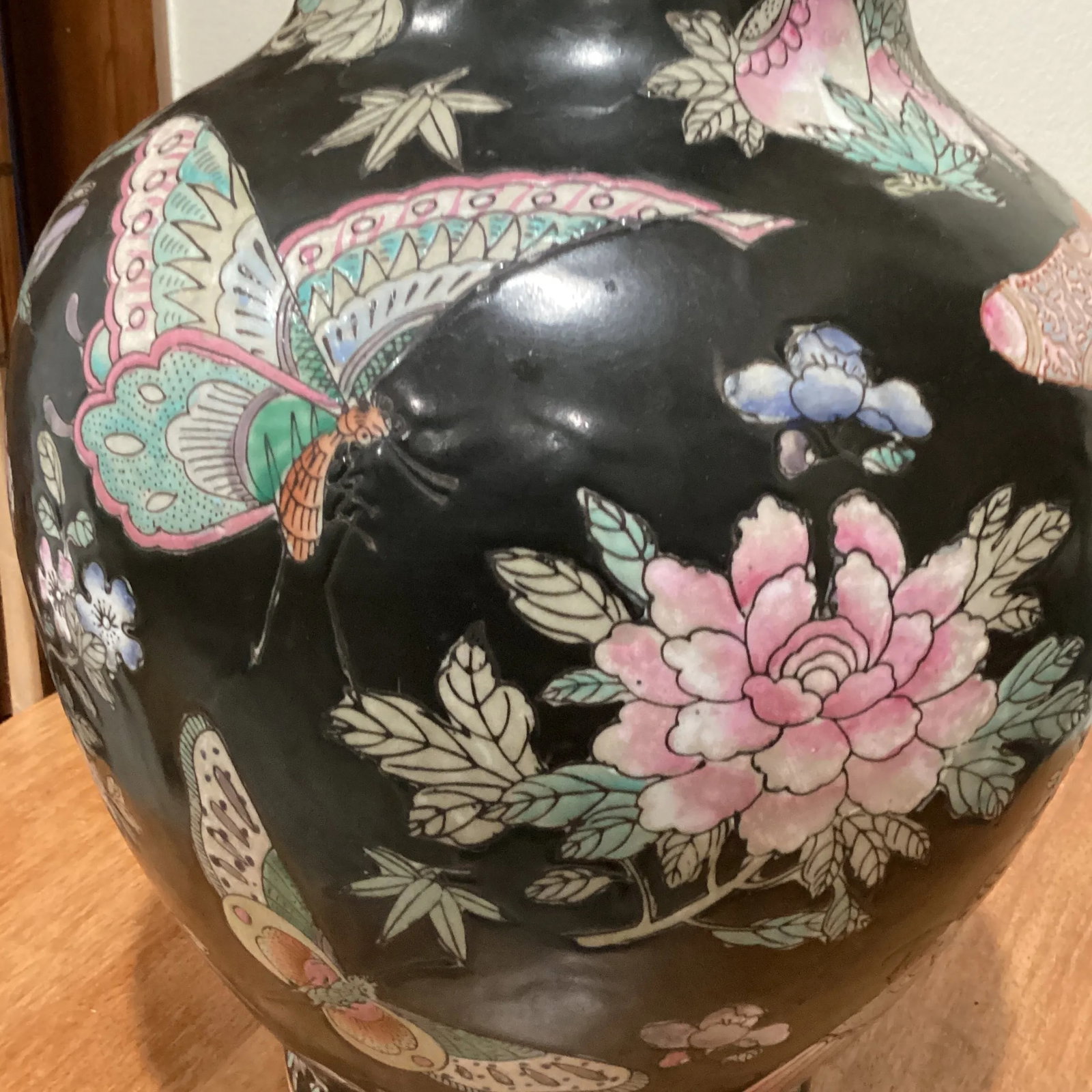 Vintage Chinese Cloisonne Black Vase Jar Lamp Decorative Floral and Butterfly - 6