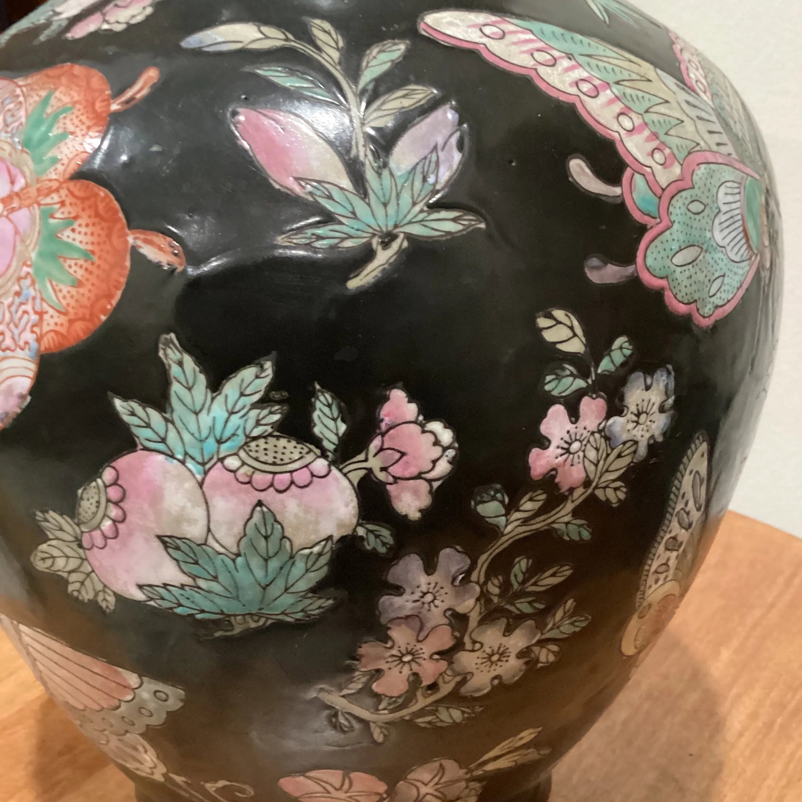 Vintage Chinese Cloisonne Black Vase Jar Lamp Decorative Floral and Butterfly - 7