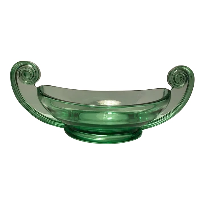 Vintage Fostoria Green Uranium Glass Scroll Handle Centerpiece Bowl (1 of 7)