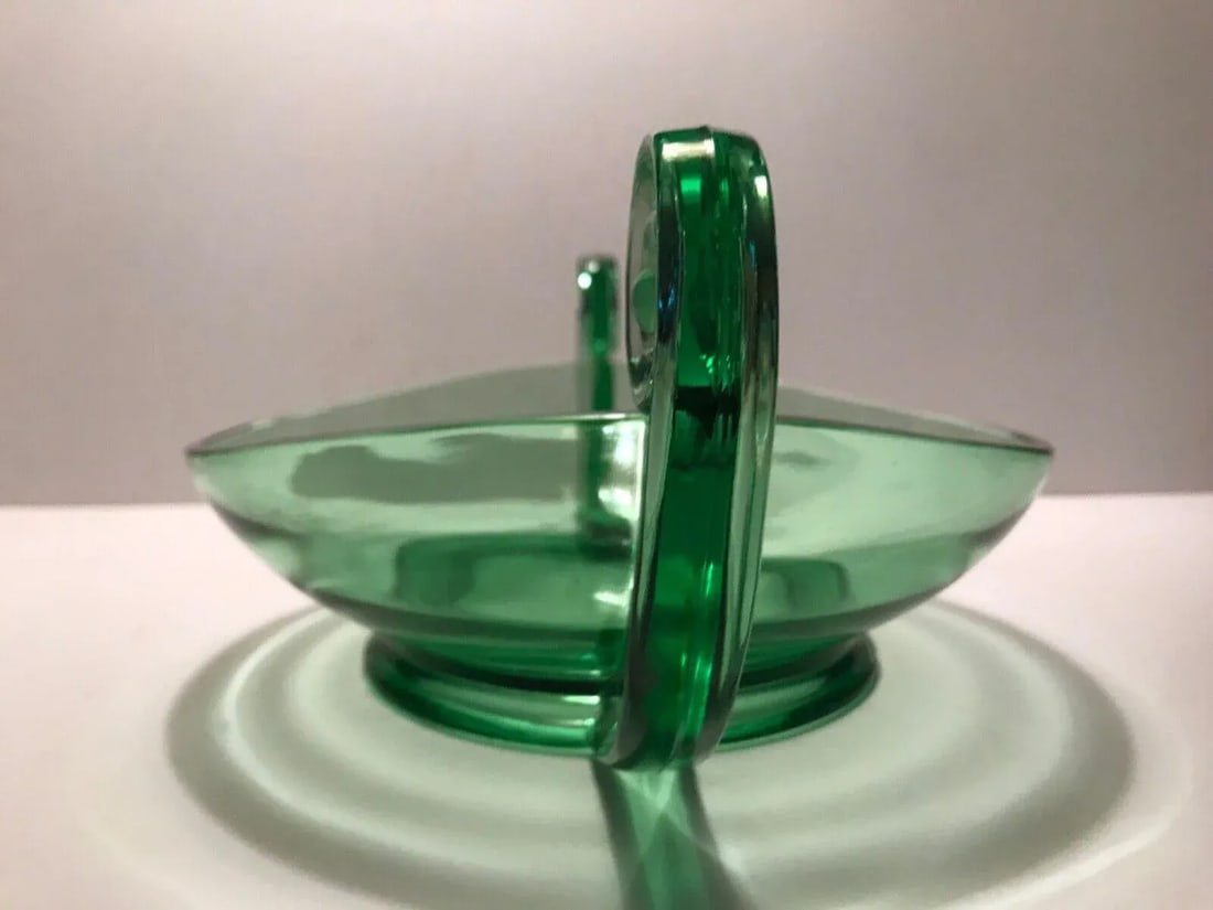 Vintage Fostoria Green Uranium Glass Scroll Handle Centerpiece Bowl - 3