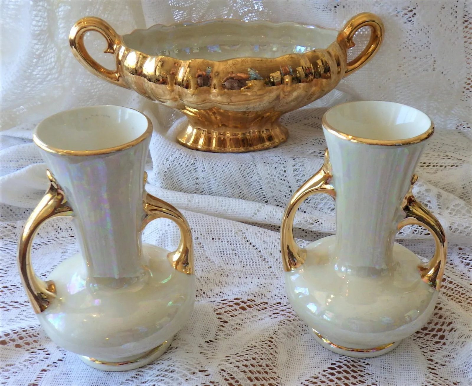 1950s Hollywood Regency Pearl China Co. Hand Decorated 22 K Gold Teapot, Creamer & Sugar, Pair of Va - 5