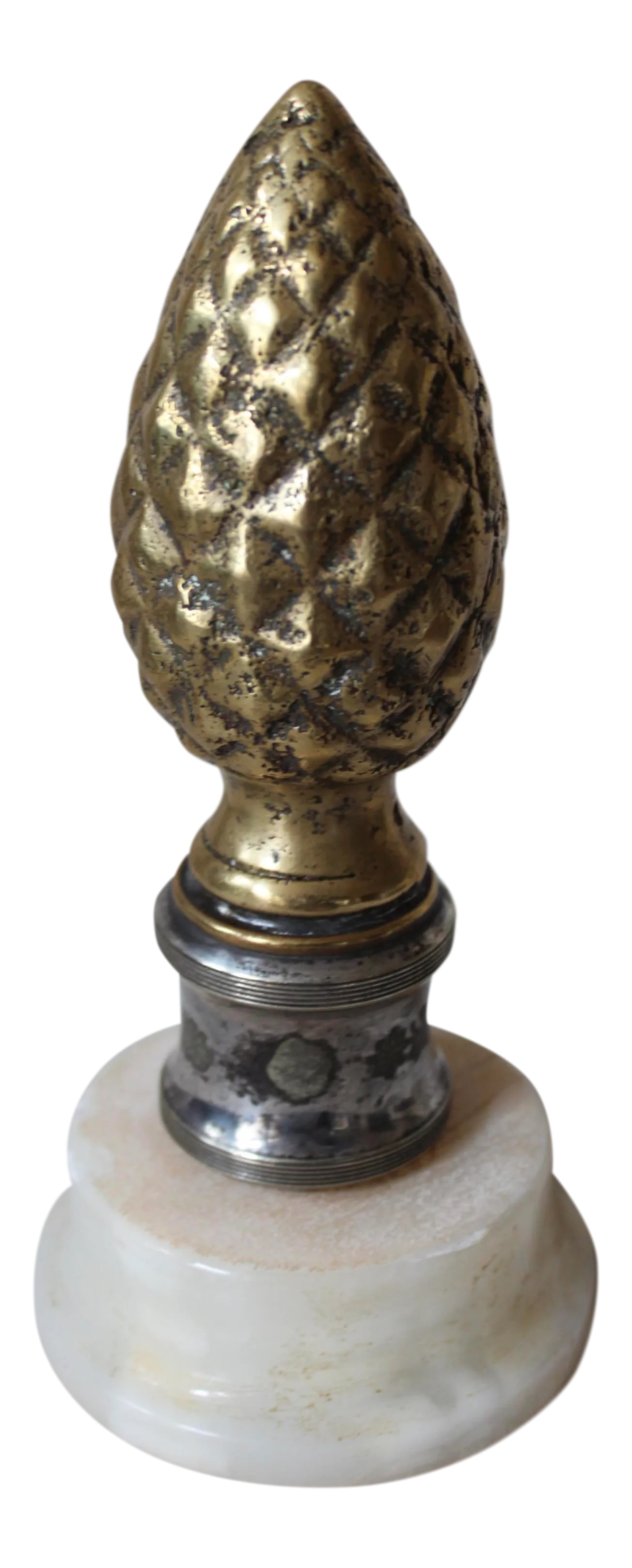 Bronze & Silver-Plate Finial: An artichoke form finial from the late 19th or early 20th century. An alabaster base was added later for display purposes. Condition: Alterations: Original Design Modified Imperfections: Some