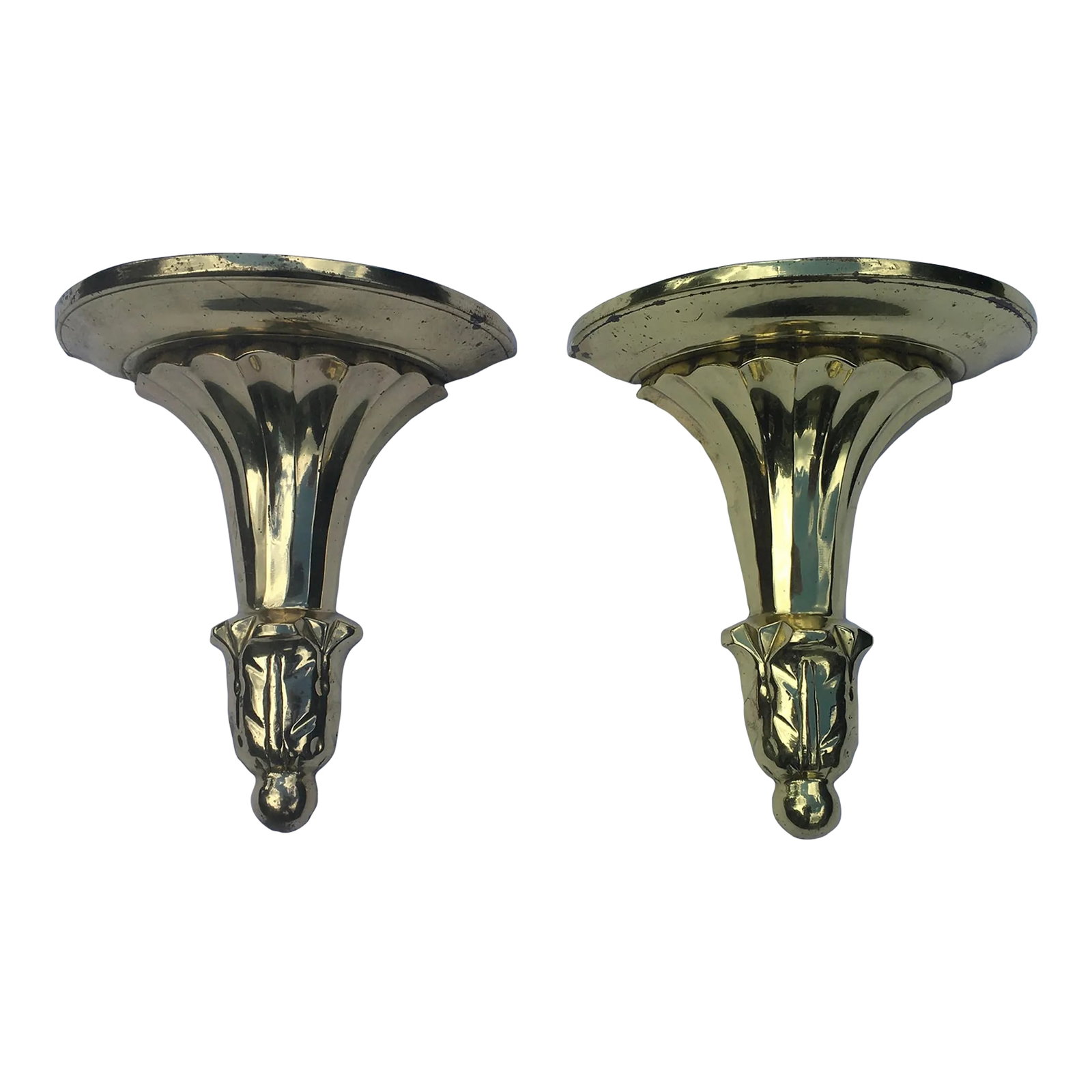 1980s Solid Brass Wall Brackets - a Pair: This pair of wall brackets is made of solid brass The classic style fits into many design styles There are spots of oxidation just below the shelf primarily Please see photos Condition: Alterations: O