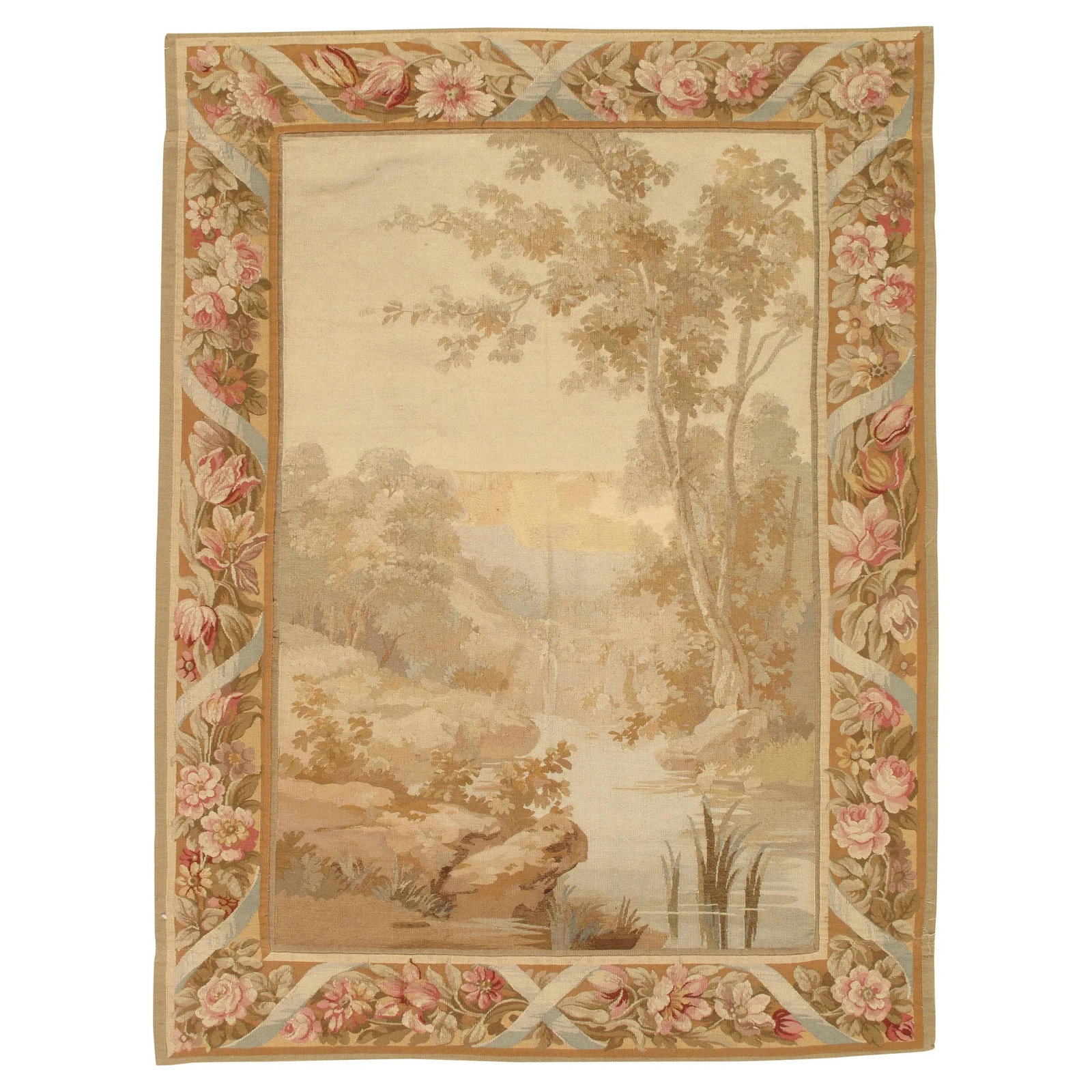 19th Century Aubusson Tapestry, Handmade, Ivory, Taupe, Cream - 12