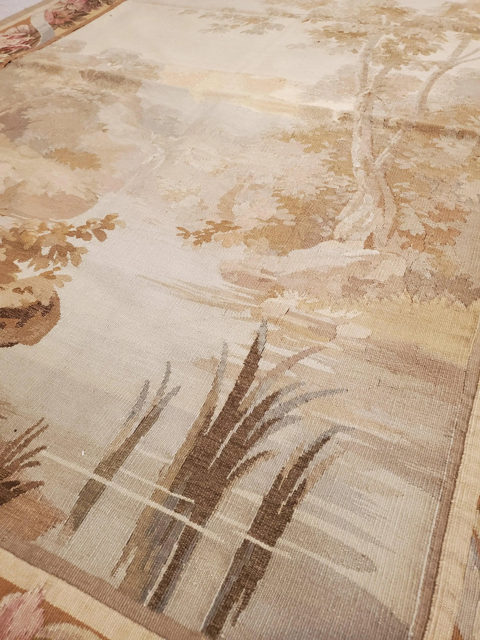 19th Century Aubusson Tapestry, Handmade, Ivory, Taupe, Cream - 7