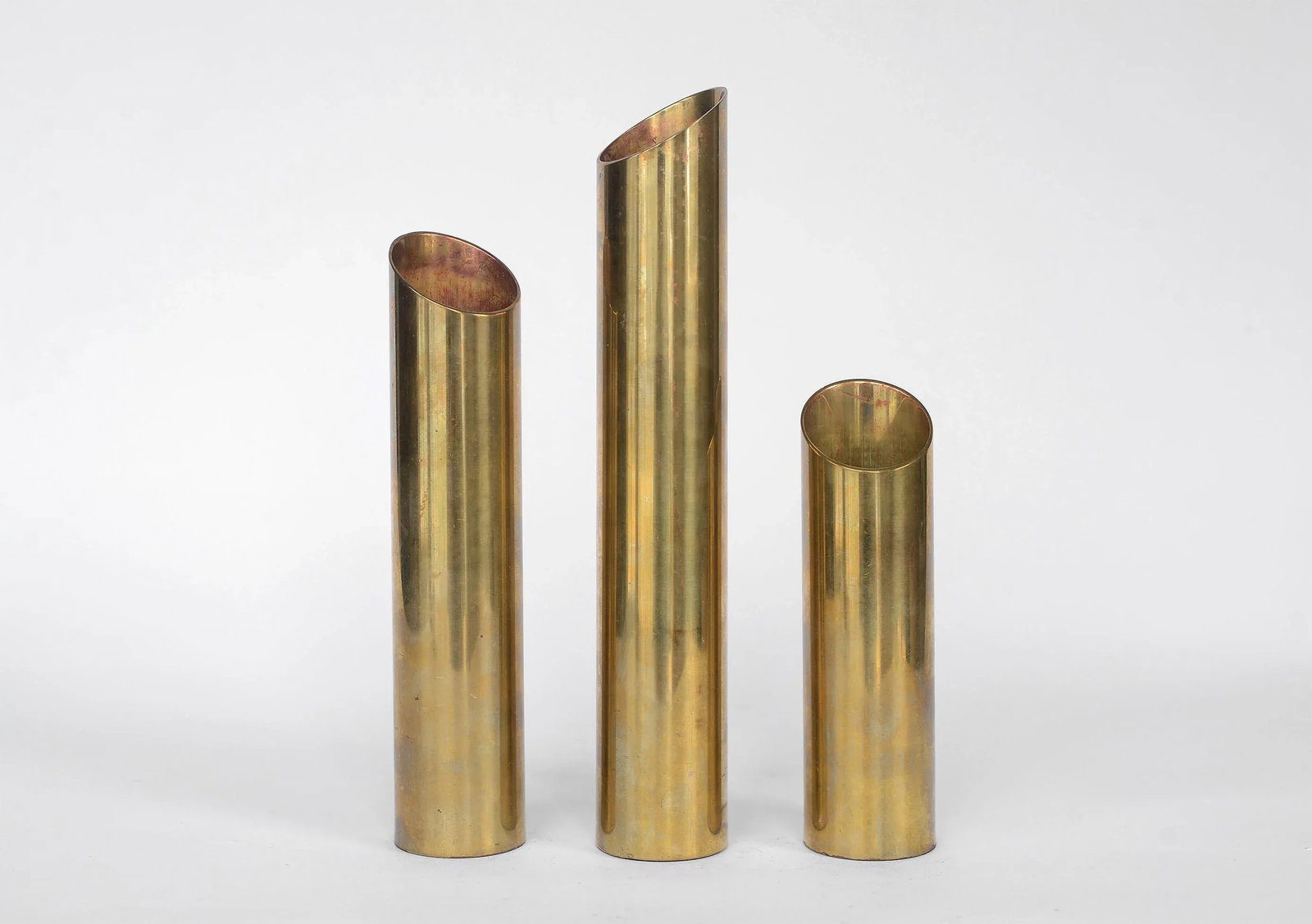 Mid Century Modern Minimalist Cylinder Brass Candle Holders Candlesticks- Set of 3 - 13
