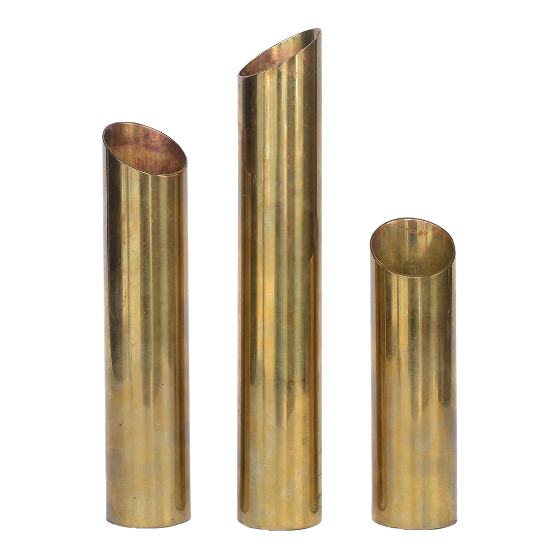 Mid Century Modern Minimalist Cylinder Brass Candle Holders Candlesticks- Set of 3: Gorgeous set of three vintage MCM minimalist cylinder candle holders with angled tops. With three different heights this set can be displayed in so many different positions. Sturdy and well made